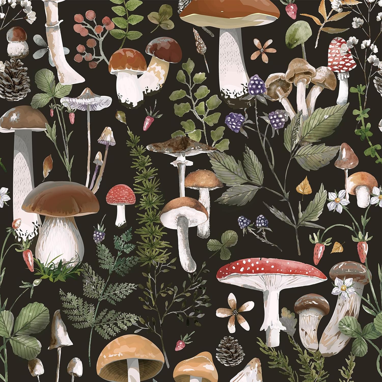 Peel and Stick Wallpaper Boho Contact Paper Black Mushroom Removable Adhesive Wallpaper Vintage Bathroom Wallpaper Stick on Wallpaper Black/Brown 17.7in X 9.8ft,14.5 Square Ft/Roll