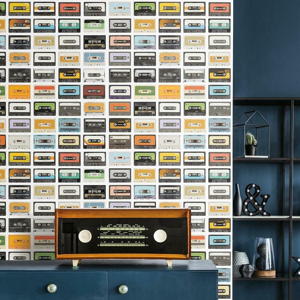 RoomMates RMK12080RL Colorful Retro Cassettes Peel and Stick Wallpaper, Sample