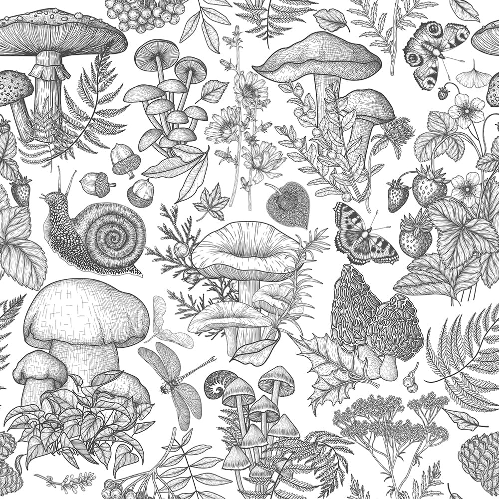 Black and White Boho Mushroom Snail Peel and Stick Wallpaper Modern Esay Peel Off Contact Paper Vintage Self Adhesive Removable Stick on Wall Paper for Kitchen Cabinet Furniture Renter Friendly