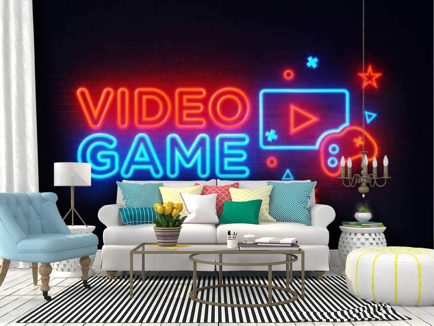 Self Adhesive Wallpaper Roll Paper Video Game Neon Light On Black Wall Gaming Concept Removable Peel and Stick Wallpaper Decorative Wall Mural Posters Home Covering Interior Film