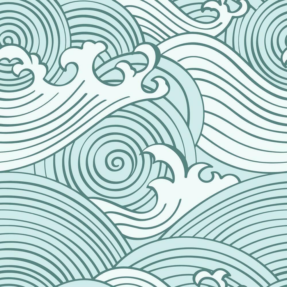 RoomMates RMK11902RL Teal and White Asian Waves Peel and Stick Wallpaper, Teal, Roll