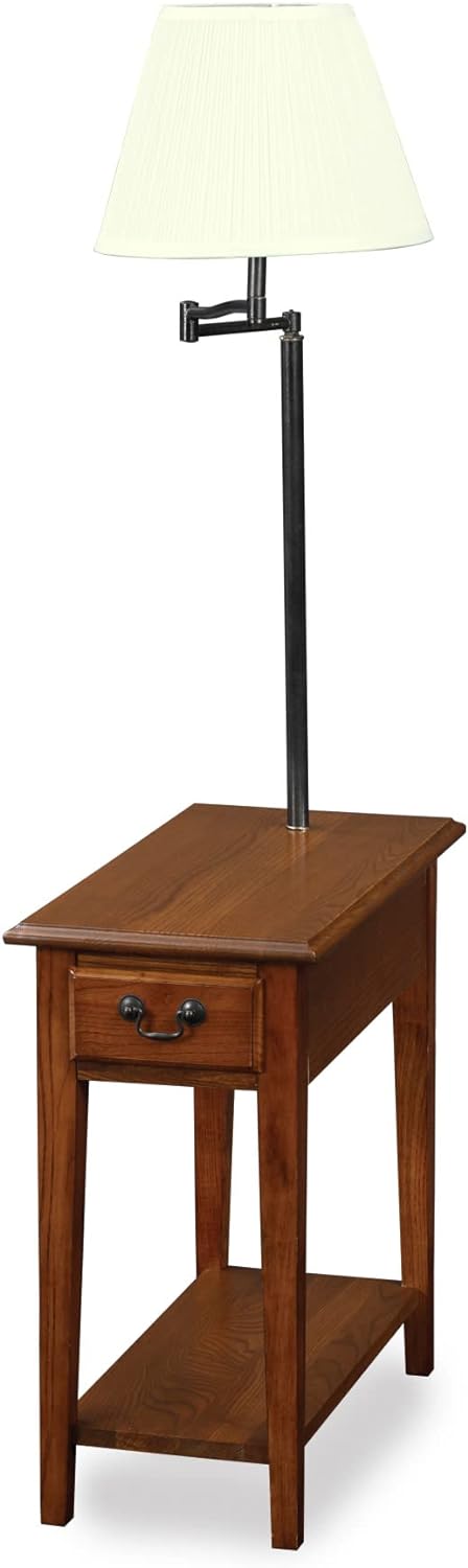 Leick Home Chairside Lamp End Table with Drawer, Hand Applied Finish, Medium oak/matte black, 12 in x 23.5 in x 57 in