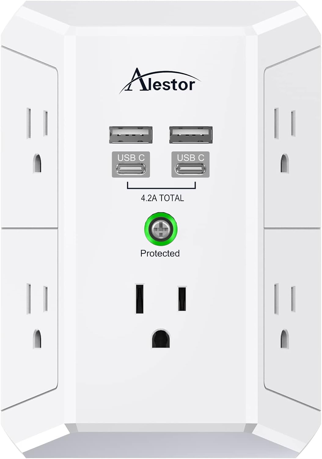 Multi Plug Outlet Extender - ALESTOR 3 Sided Surge Protector Power Strip Wall Adapter Spaced with 5-Outlet Splitter and 4 USB Ports(2 USB C Ports) for Home, Office, ETL Listed, White
