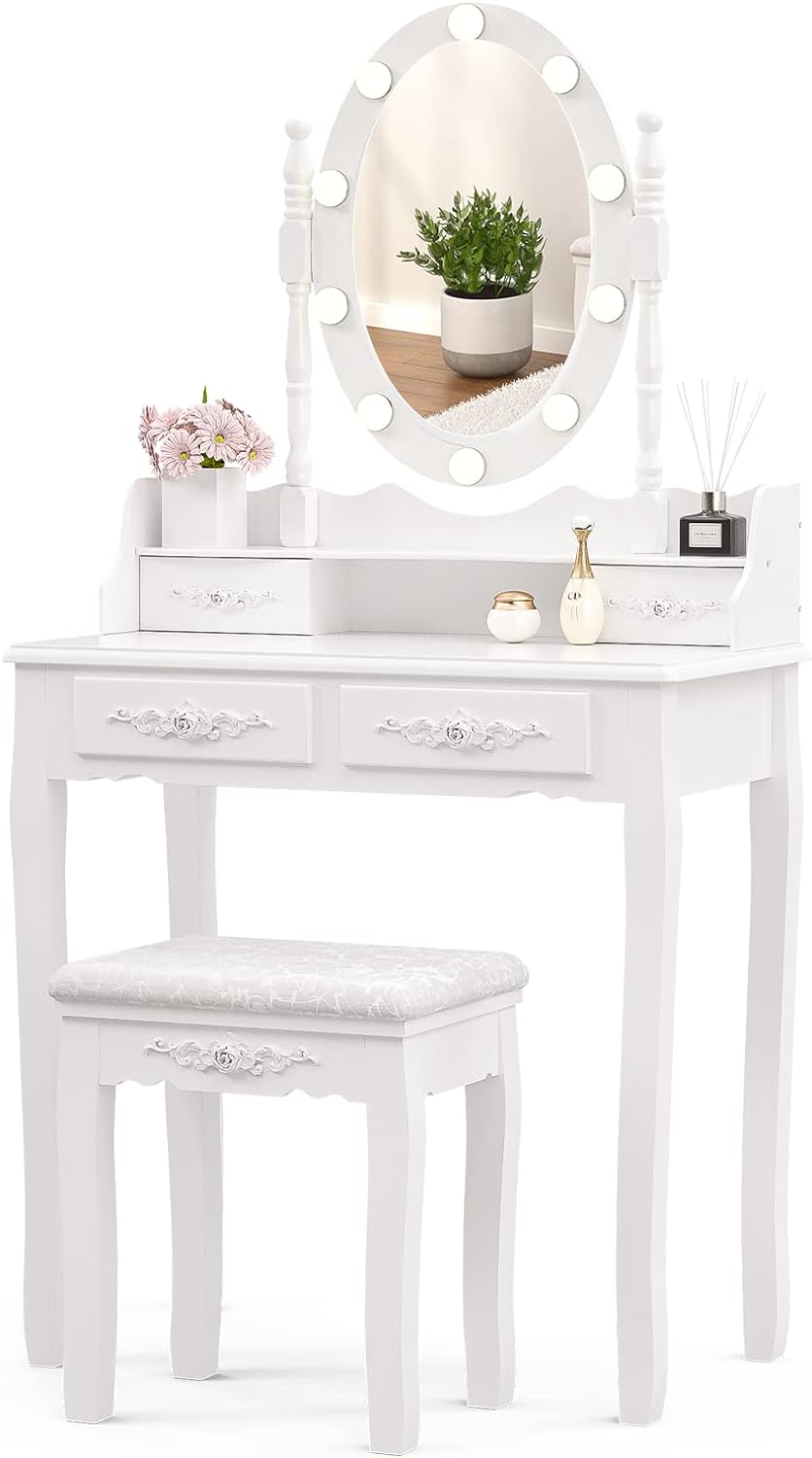 Alohappy Girls Makeup Vanity Set, Dressing Table Desk with Lighted Mirror and Stool, Makeup Table with 4 Drawers for Bedroom, Bathroom (Vanity with Lighted Mirror)