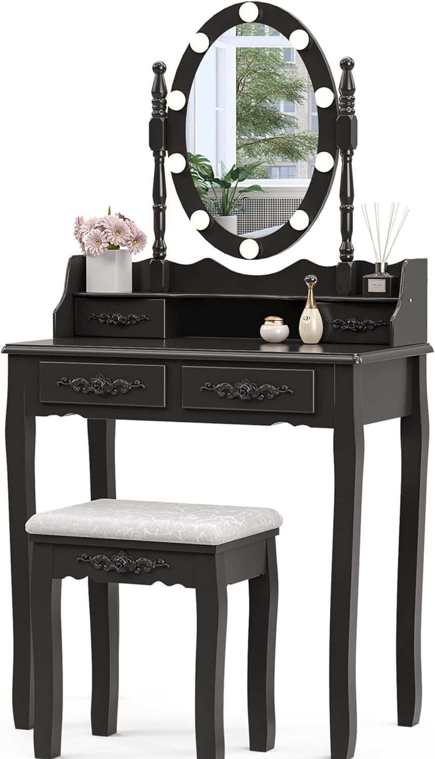 Alohappy Vanity Desk Set with Lighted Mirror, Black Makeup Dressing Table Desk with Mirror & Lights, Padded Stool, 4 Drawers Storage & Easy Assembly for Bedroom, Bathroom