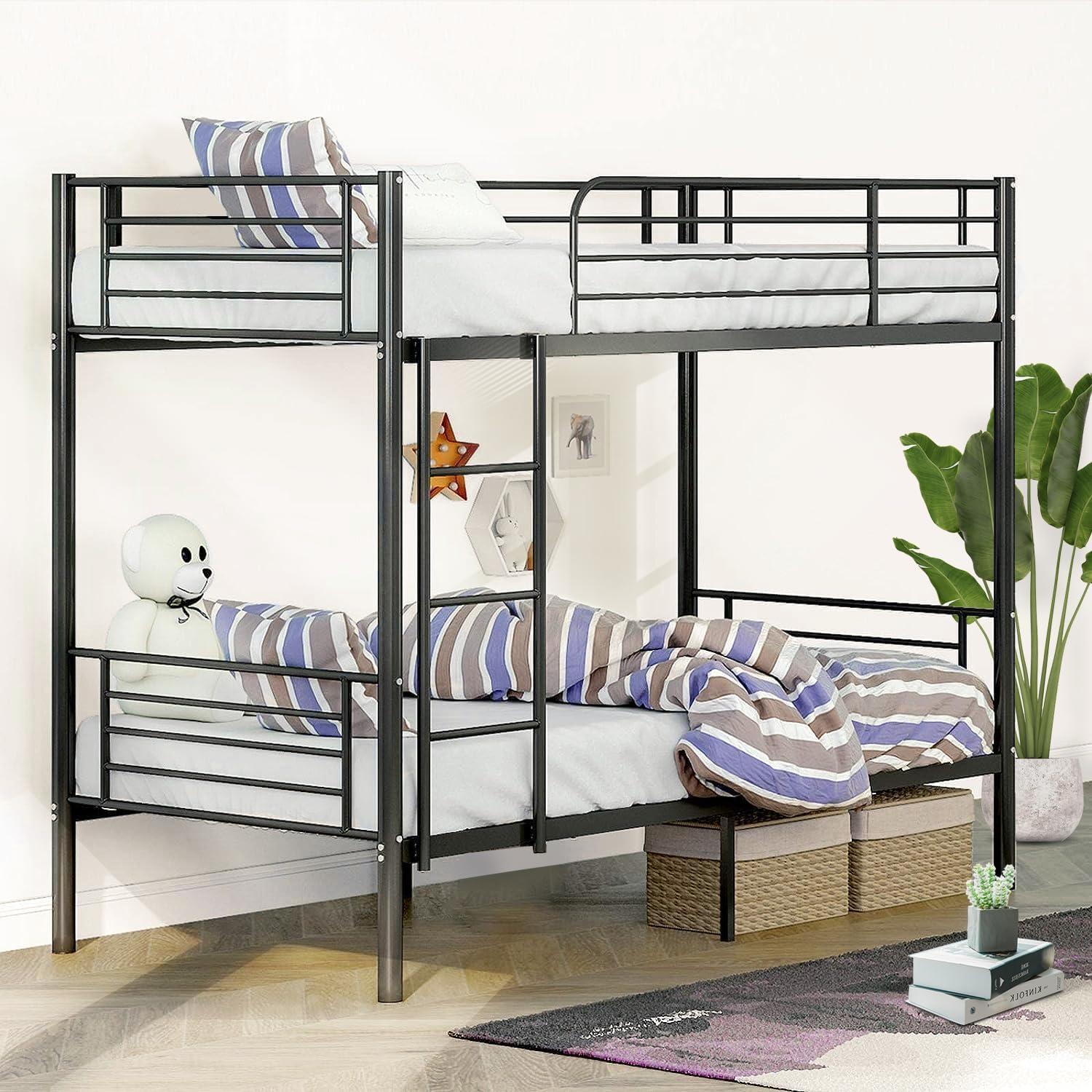 Alohappy Metal Bunk Bed Twin Over Twin, Twin Bunk Beds with Removable Ladder and Safety Guard Rail, 13.8 Under Bed Storage Space, No Box Spring Needed, Easy to Climb, Industrial Style(Black)