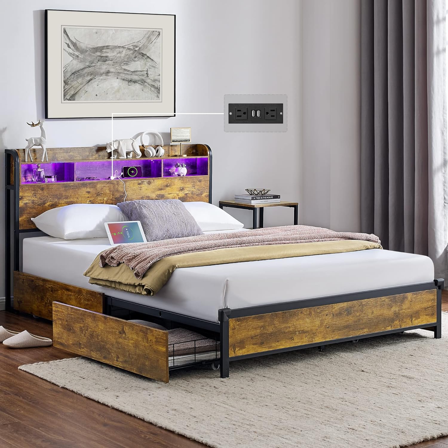 Alohappy Full Size Bed Frame with Storage Headboard and 4 Drawers, LED Bed Frame with Charging Station, Platform Bed Frame Full with LED Light, Sturdy and No Noise No Box Spring Needed Easy Assembly