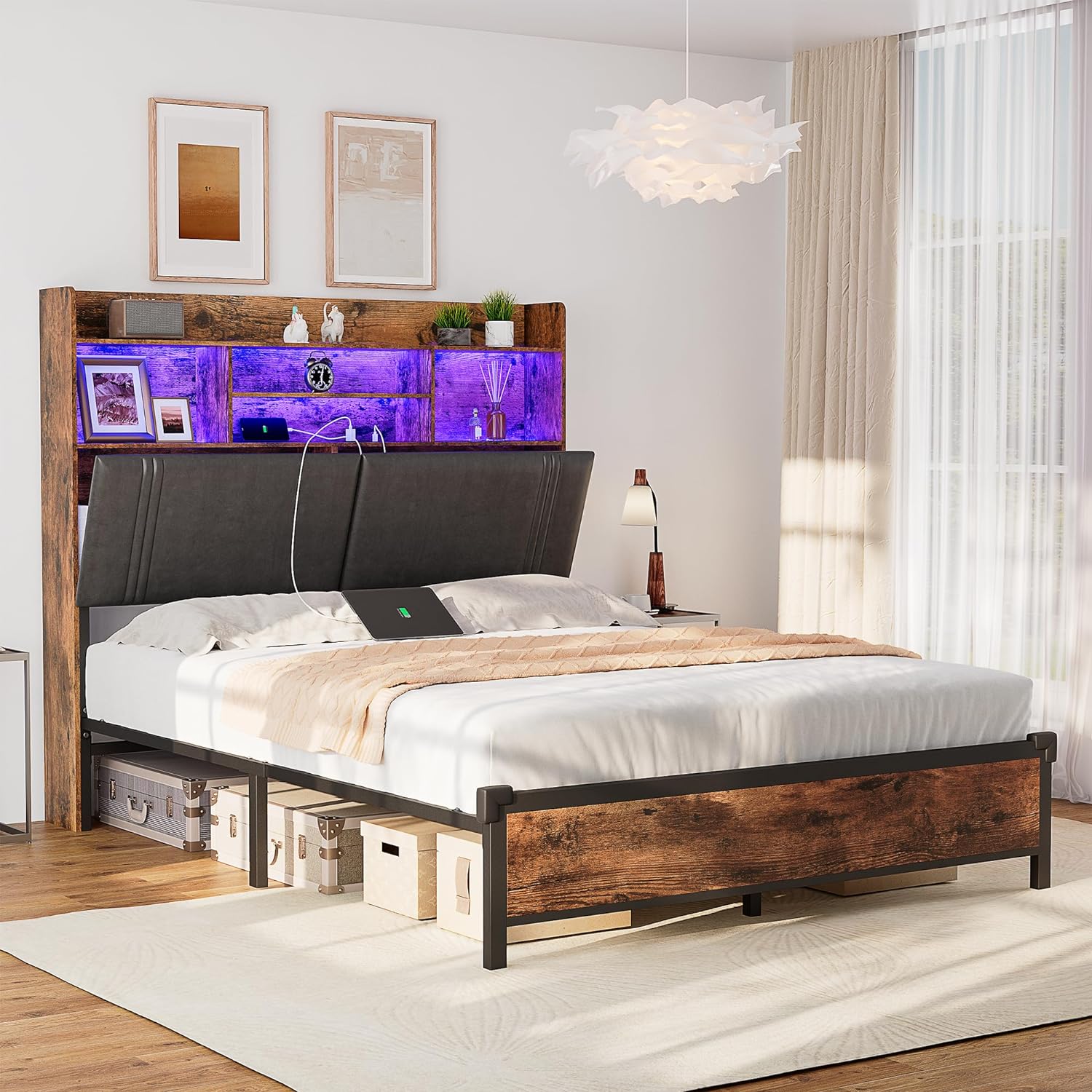 Alohappy Full Size Bed Frame with 51 Storage Headboard, Wooden Platform Bed Frame with Chargig Ports & LED Lights, Upholstered LED Bed Frame, No Box Spring Needed