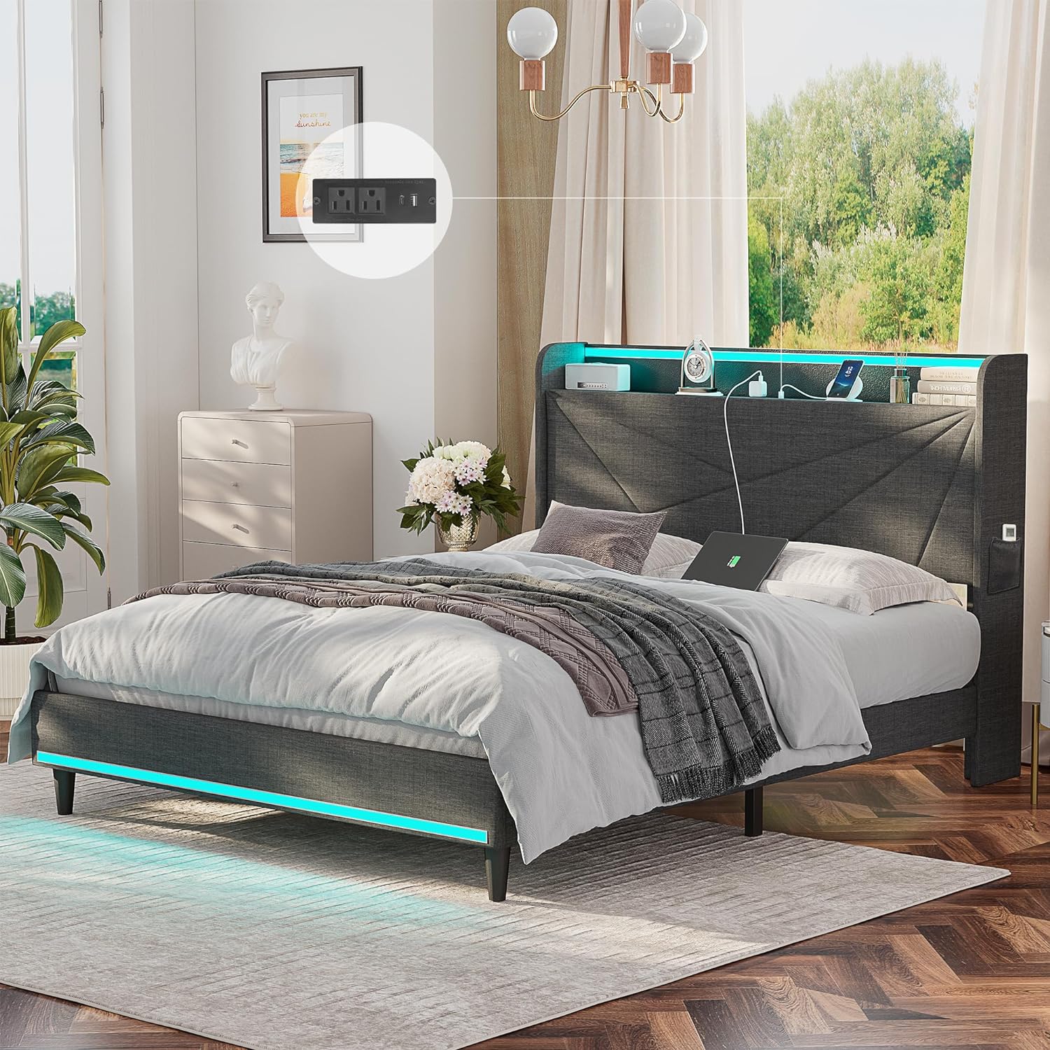 Alohappy Full Size Bed Frame with Charging Station and Led Light,Upholstered Platform Bed Frame with Storage Wingback Headboard, Type-C & USB Ports, Metal Support No Noise No Box Spring Needed