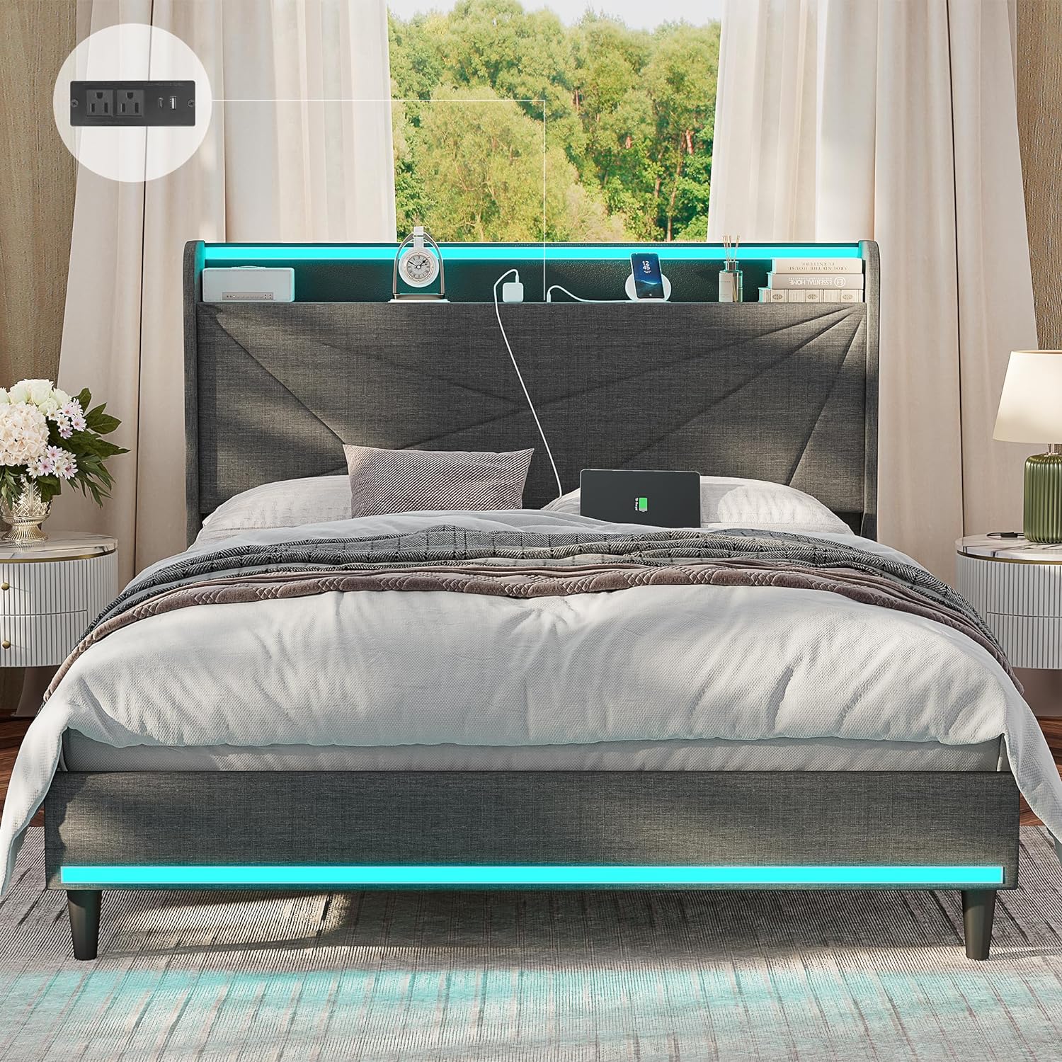 Alohappy Queen Bed Frame with Charging Station and Led Light,Upholstered Platform Bed Frame with Storage Wingback Headboard, Type-C & USB Ports, Metal Support No Noise No Box Spring Needed