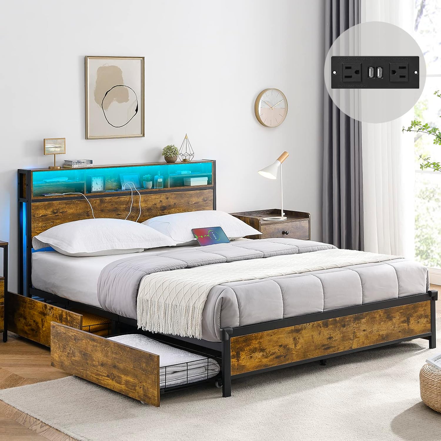 Alohappy Queen Bed Frame with 4 Storage Drawers and Bookcase Headboard, LED Bed Frame with Outlets and USB Ports, Metal Platform Bed Queen Size, No Box Spring Needed, Easy Assembly, Vintage Brown