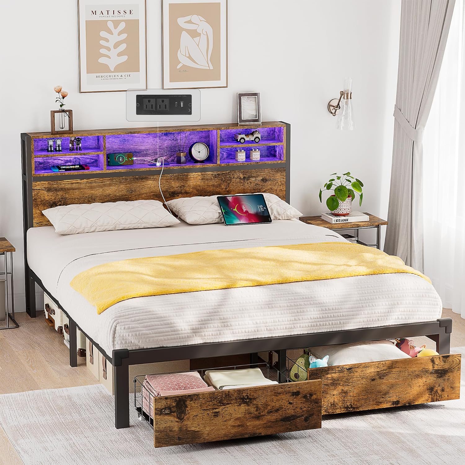 Alohappy Queen Bed Frame with Storage Headboard and Drawers,Metal Platform Bed Frame Queen Size with RGB Led Lights and Charging Station, No Nosie No Box Spring Needed (Queen (U.S. Standard))