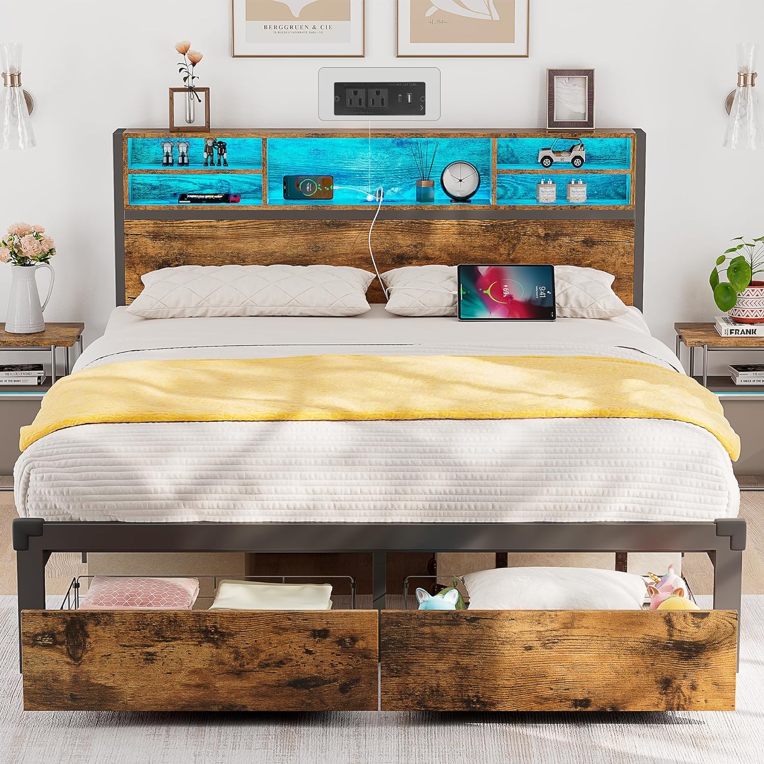 Alohappy Full Size Bed Frame with Storage Headboard and Drawers, Metal Platform Bed Frame RGB Led Lights and with Charging Station, No Nosie No Box Spring Needed (Full)