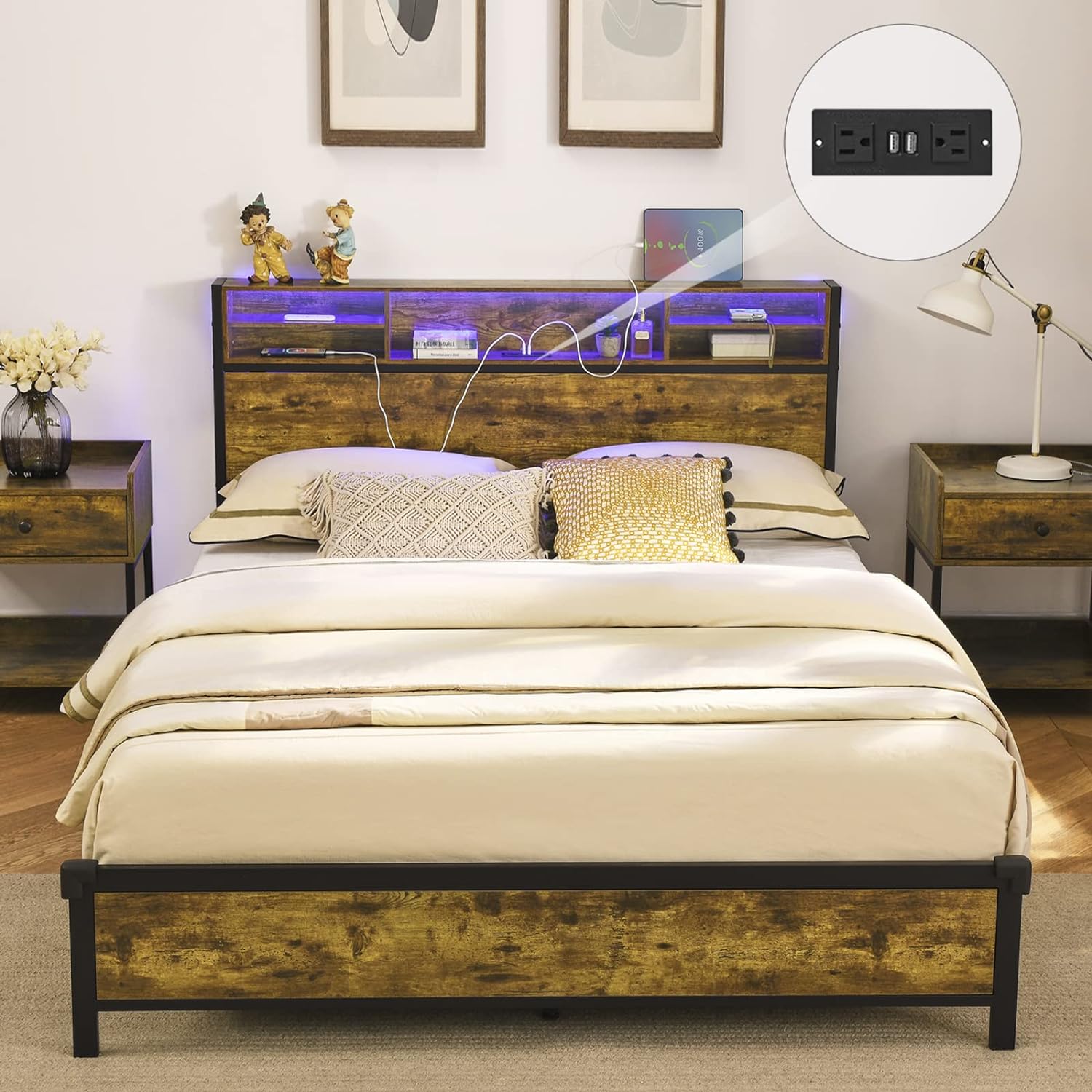 Alohappy LED Queen Bed Frame with Bookcase Headboard, Metal Platform Bed Frame with Charging Station and RGB LED Lights Strips, Sturdy and No Noise Easy Installation No Box Spring Needed