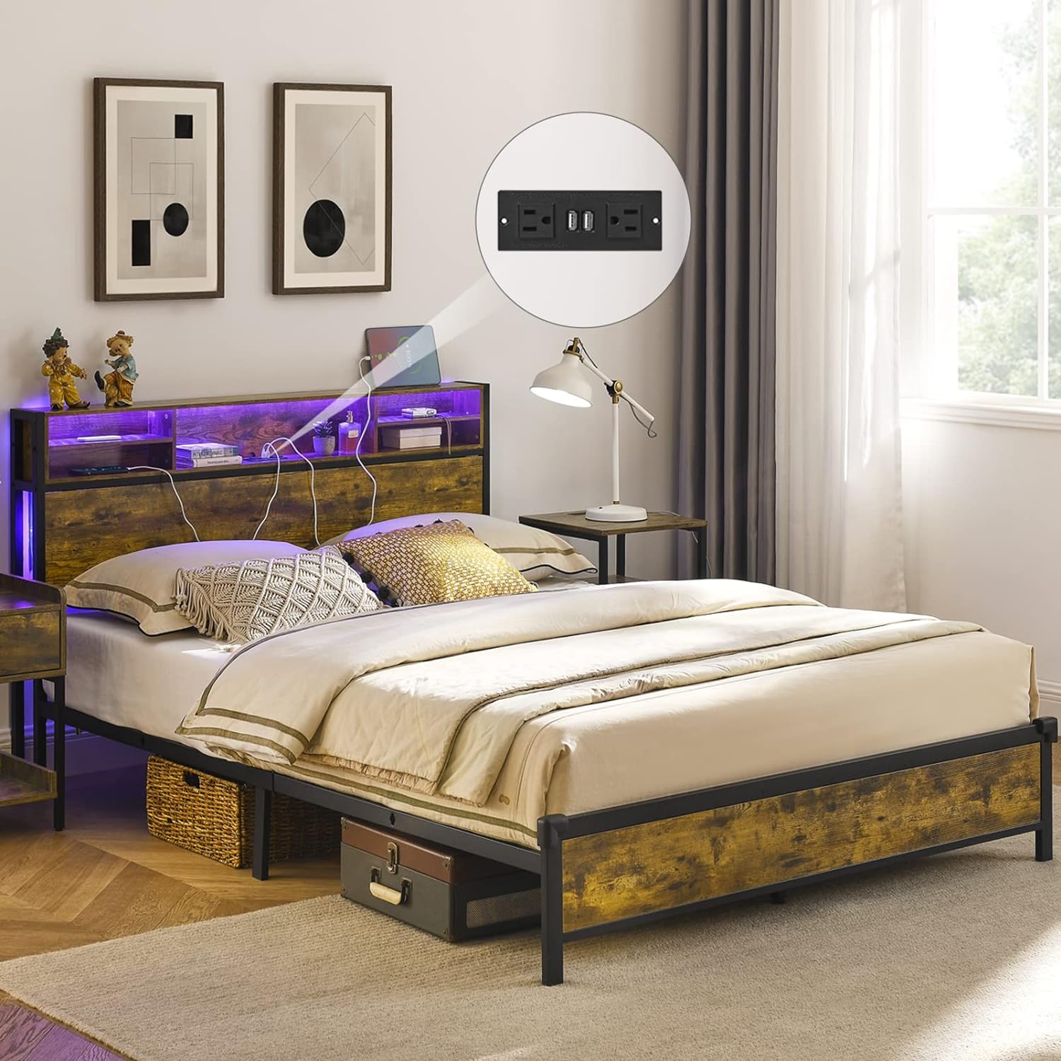 Alohappy Full Size Bed Frame with Led Bookcase Headboard and Charging StationMetal Platform Bed Frame with RGB Light Strips, Sturdy and No Noise Easy