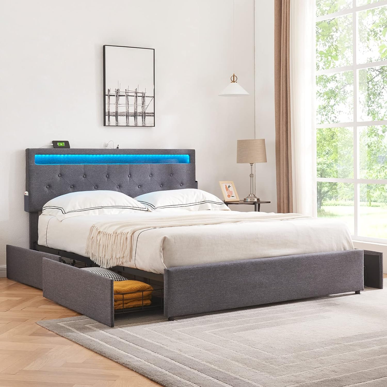 Alohappy Full Size Bed Frame with 4 Drawers, LED Bed Frame with 2 USB Ports and Adjustable Upholstered Headboard, Mattress Foundation with Wooden Slats Support, No Box Spring Needed, Dark Grey