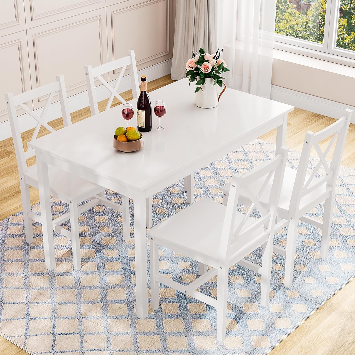 Alohappy Dining Table Set for 4, 5 Piece Kitchen Table Set with 4 Chairs Pine Wood Dining Table Rectangle Breakfast Table and Chairs for Small Space, Space-Saving & Easy Assembly (White)