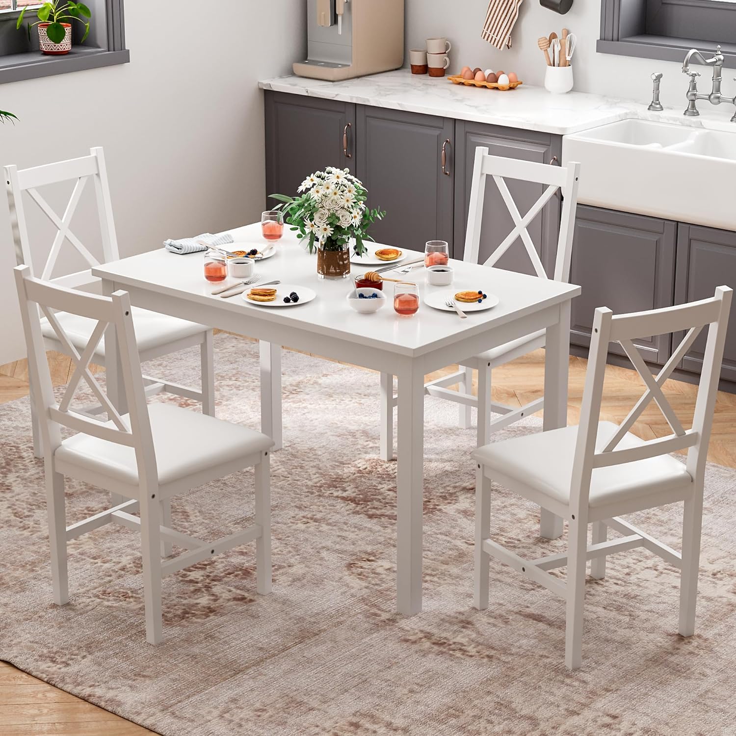 Alohappy Dining Room Table Set for 4, 5 Piece Kitchen Table Set Morden Wood Rectangle Breakfast Table and Chairs for Small Space (White)