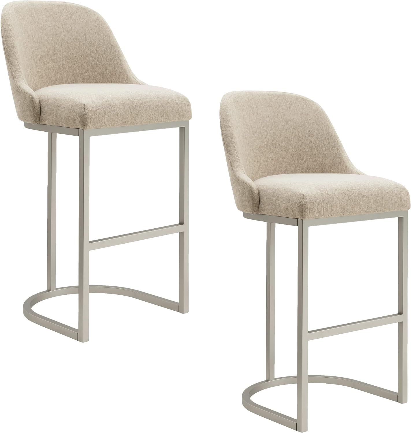 Leick Home 10133PW/OL Barrelback Bar Stool with Metal Base, Set of 2, for Elevated Kitchen Counters, High Top Tables, and Bars, Modern Oatmeal Linen Seat and Pewter Metal Base