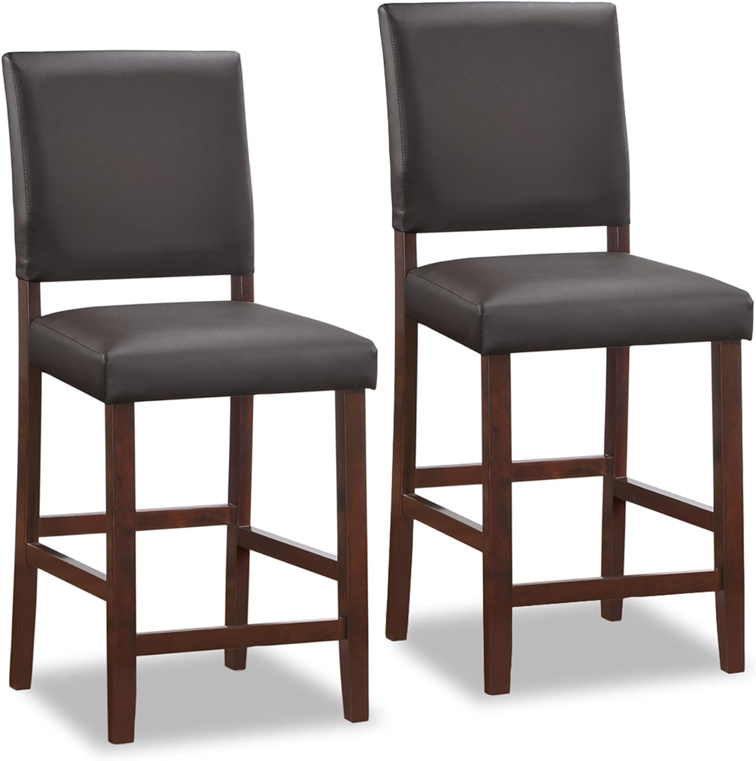 Leick Wood Upholstered Back Counter Height Bar Stool with Ebony Faux Leather Seat, Set of 2