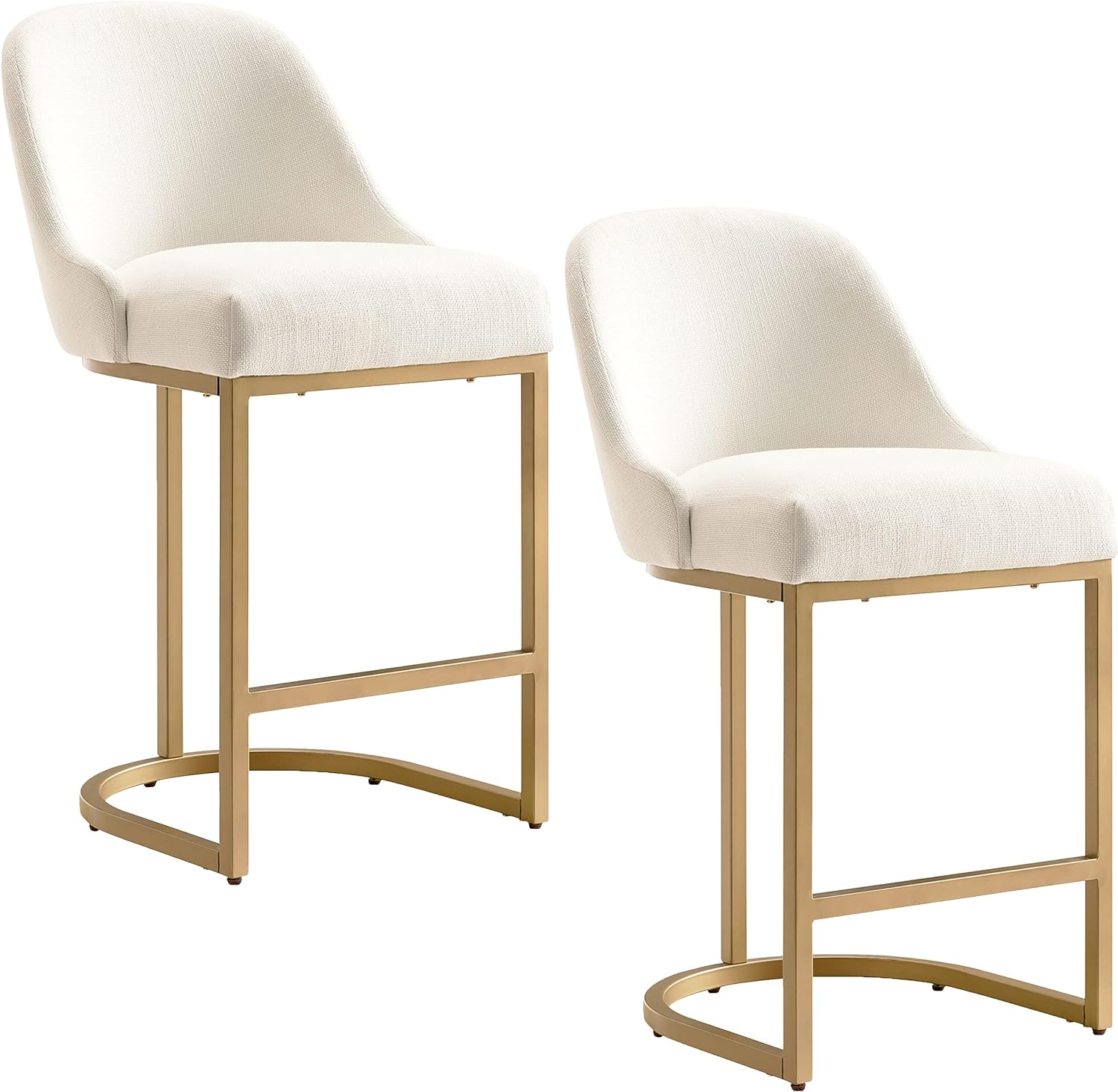 Leick Home 10132GD/WT Barrelback Counter Stool with Metal Base, Set of 2, for Kitchen Counters and Islands, Modern White Linen Seat and Gold Metal Base