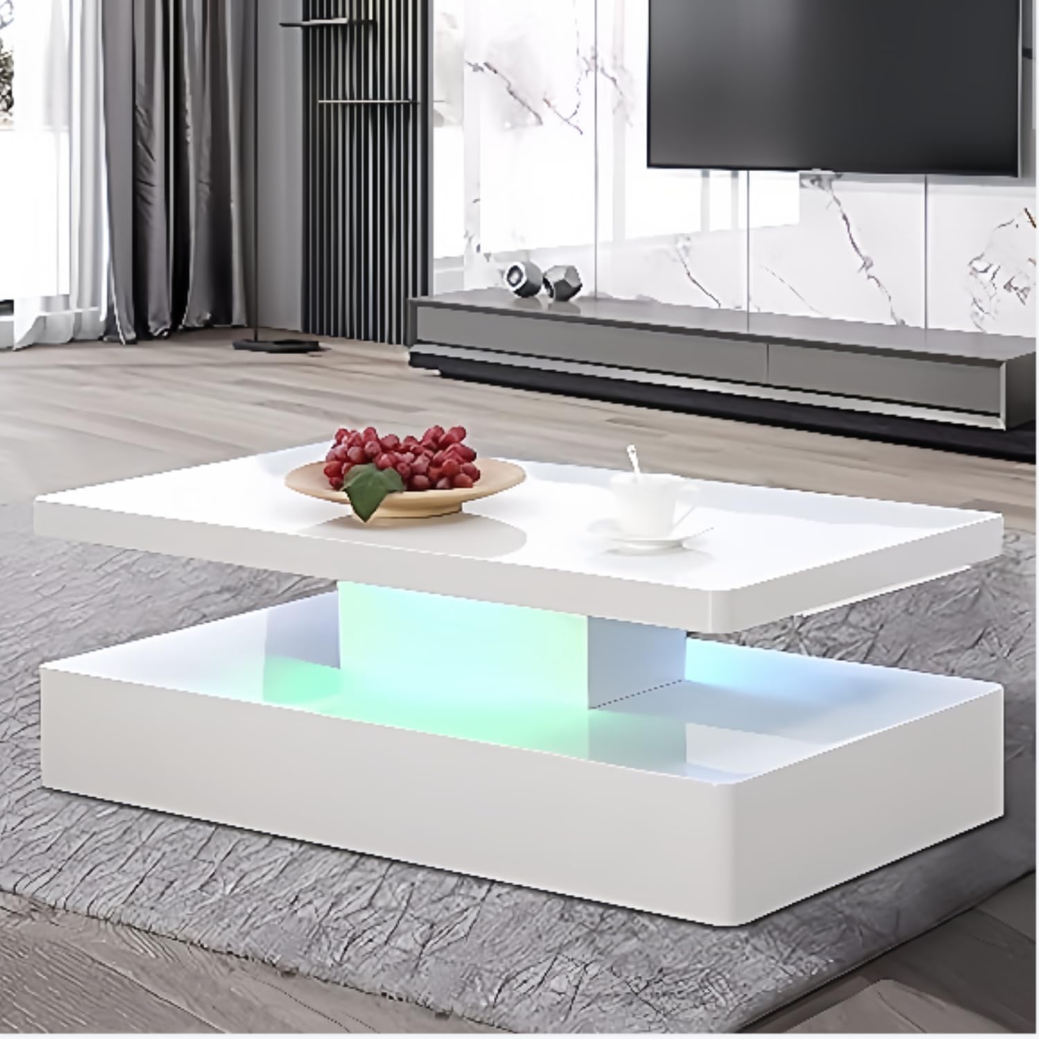 Alohappy Modern LED Coffee Table 44 Inch, High Glossy Rectangler Center Table with LED Lights &2 Tier for Home Living Room (White)