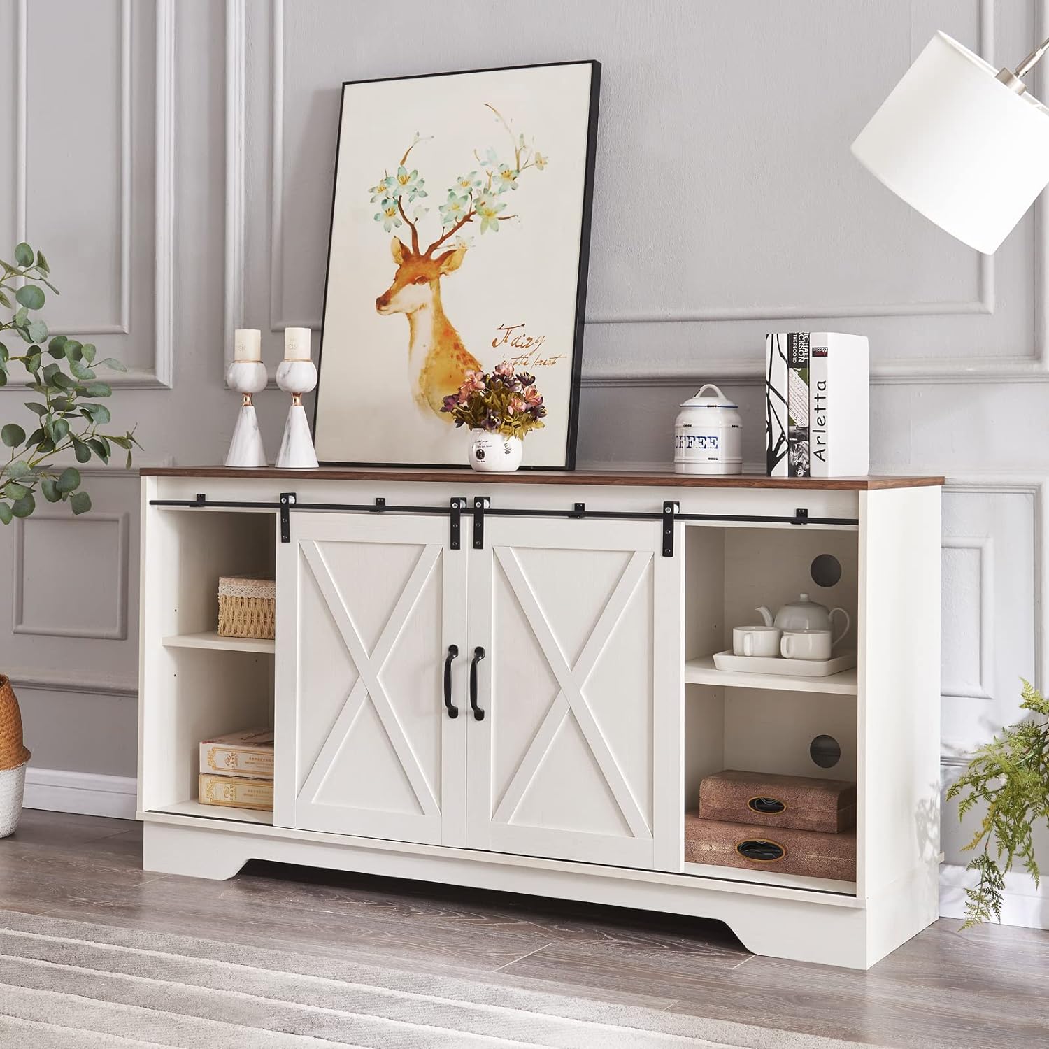 Alohappy Farmhouse TV Stand Sliding Barn Door Mid Century Modern Entertainment Center, Wood Console Table Storage Cabinet with Adjustable Shelves for TVs Up to 65 (Antique White&Rustic)