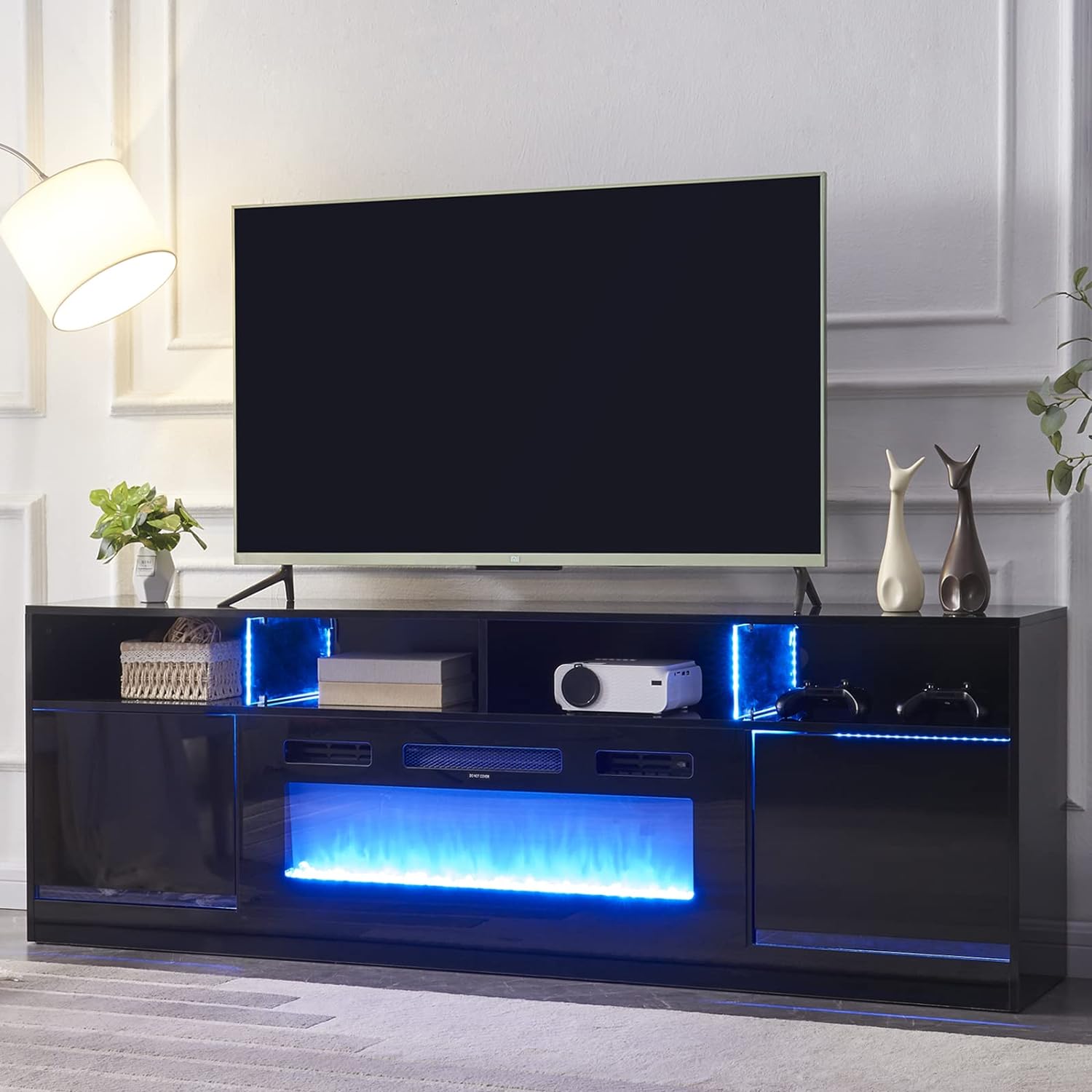 Fireplace TV Stand with 36 Electric Fireplace for TVs up to 80, Game Console Entertainment Center with LED Light, Modern Gloss Home Media TV Console with Storage Cabinet and Glass Shelves, Black