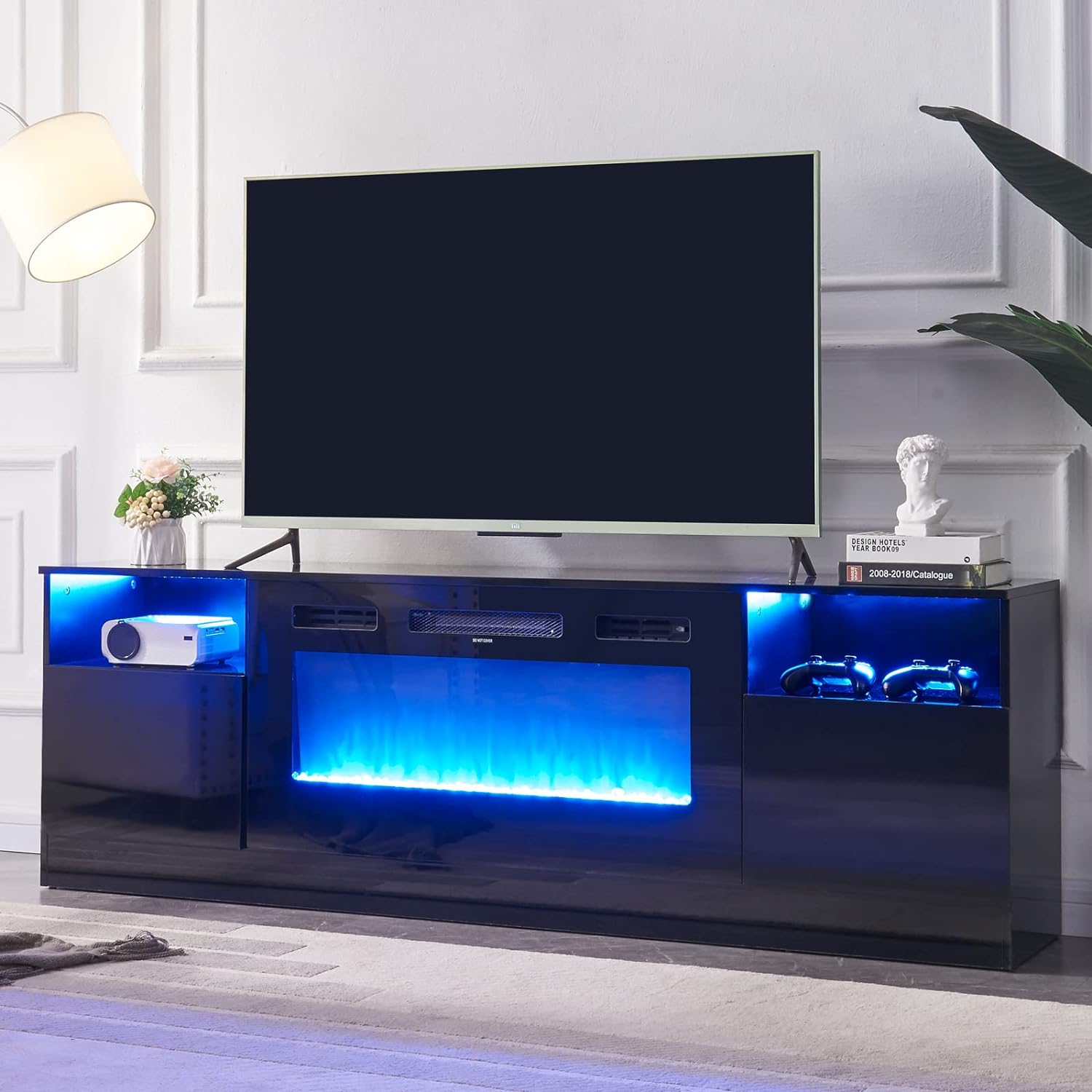 Modern LED TV Stand with 36 Electric Fireplace for TVs Up to 80, Game Console Entertainment Center with 16 Colors LED Light, High Gloss Media TV Table Storage Cabinet for Living Room (70 Black)