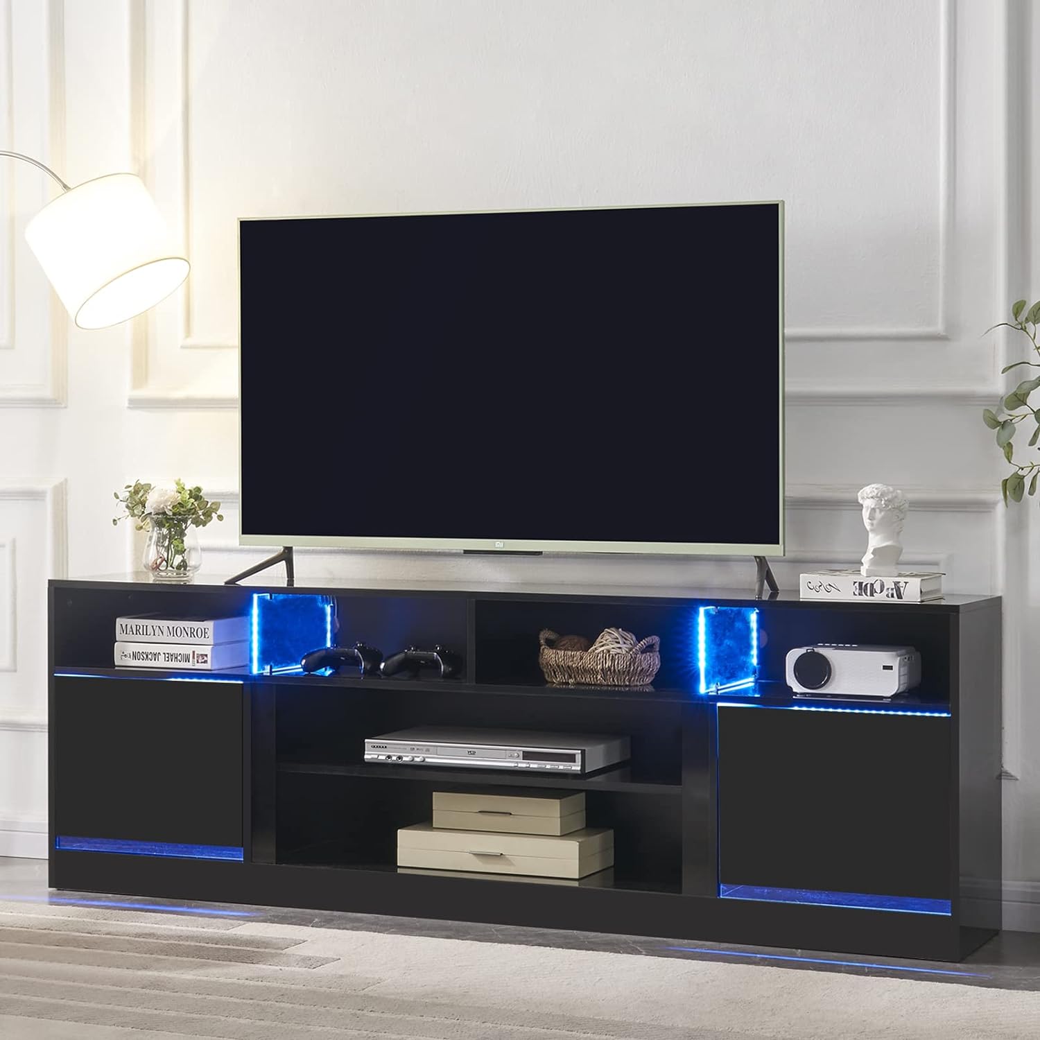 LED TV Stand for 80 TV, Game Console Entertainment Center with Storage Shelves and Media Layers, Modern TV Stand with LED Lights 16 Colors and High Gloss Cabinets for Living Room Bedroom, Black