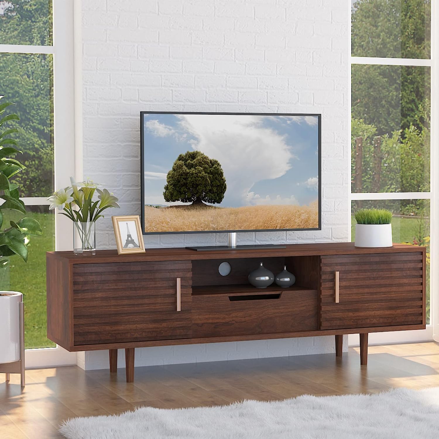 Alohappy Mid-Century Modern TV Stand for up to 60 Inch TVs, 59 Wood Entertainment Center TV Console Table with Storage Drawer and Open Shelves, Stylish TV Cabinet for Living Room/Bedroom, Brown