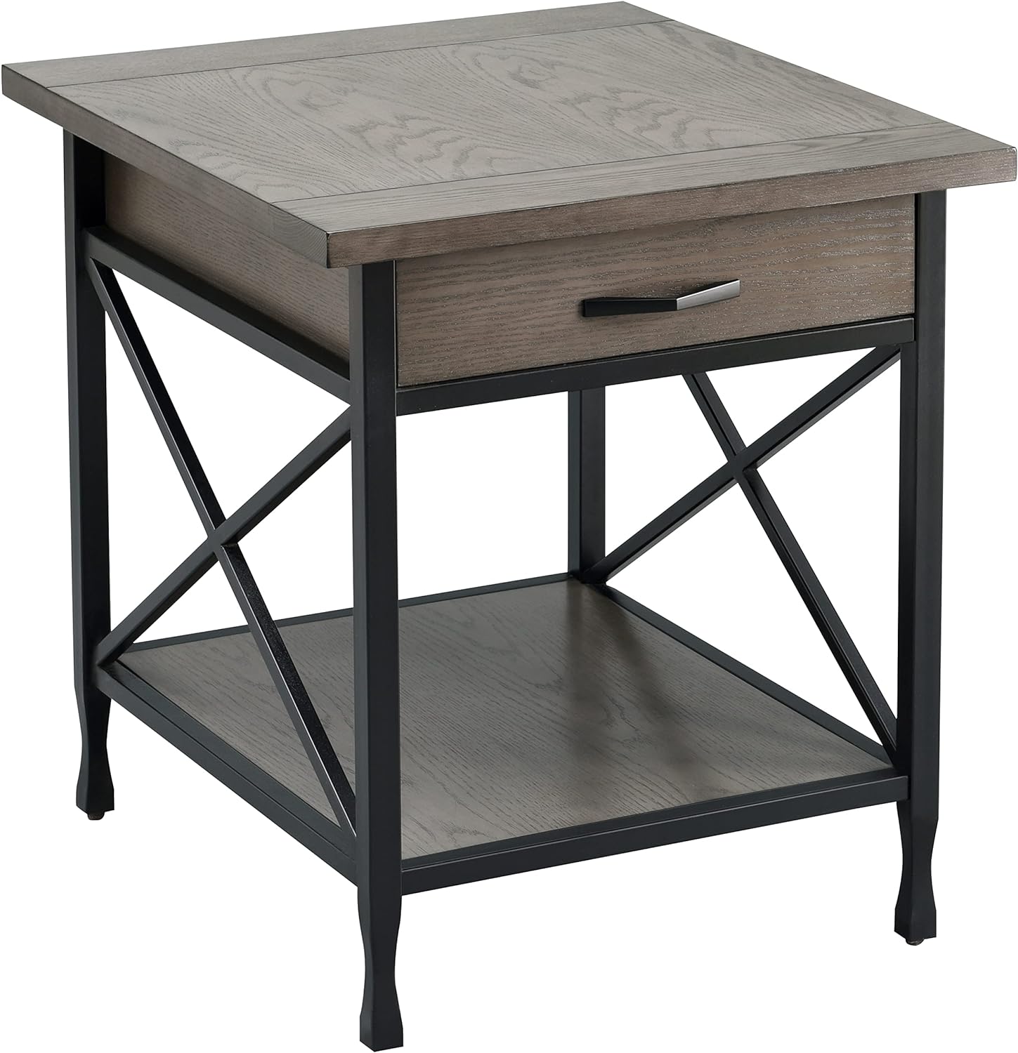 Leick Home 23007 Chisel & Forge One Drawer X Design Mixed Metal and Wood Side Table with Shelf, Smoke Gray and Matte Black, 22 in x 24 in x 24 in