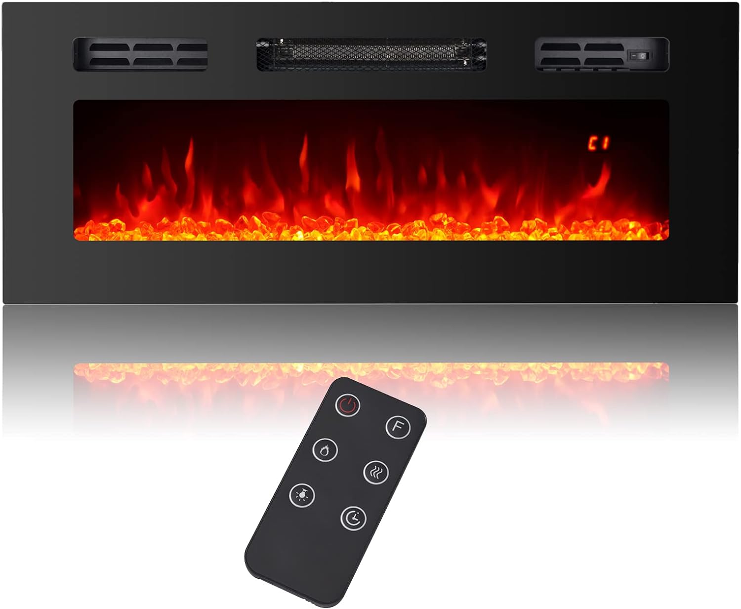 36 Electric Fireplace Insert 750/1500W Stove Heater with Recessed Mounted, 3 Colors Flame, 5 Levels Adjustable Flame Brightness, Timer Setting, Remote Control Fireplace Heater 18 H