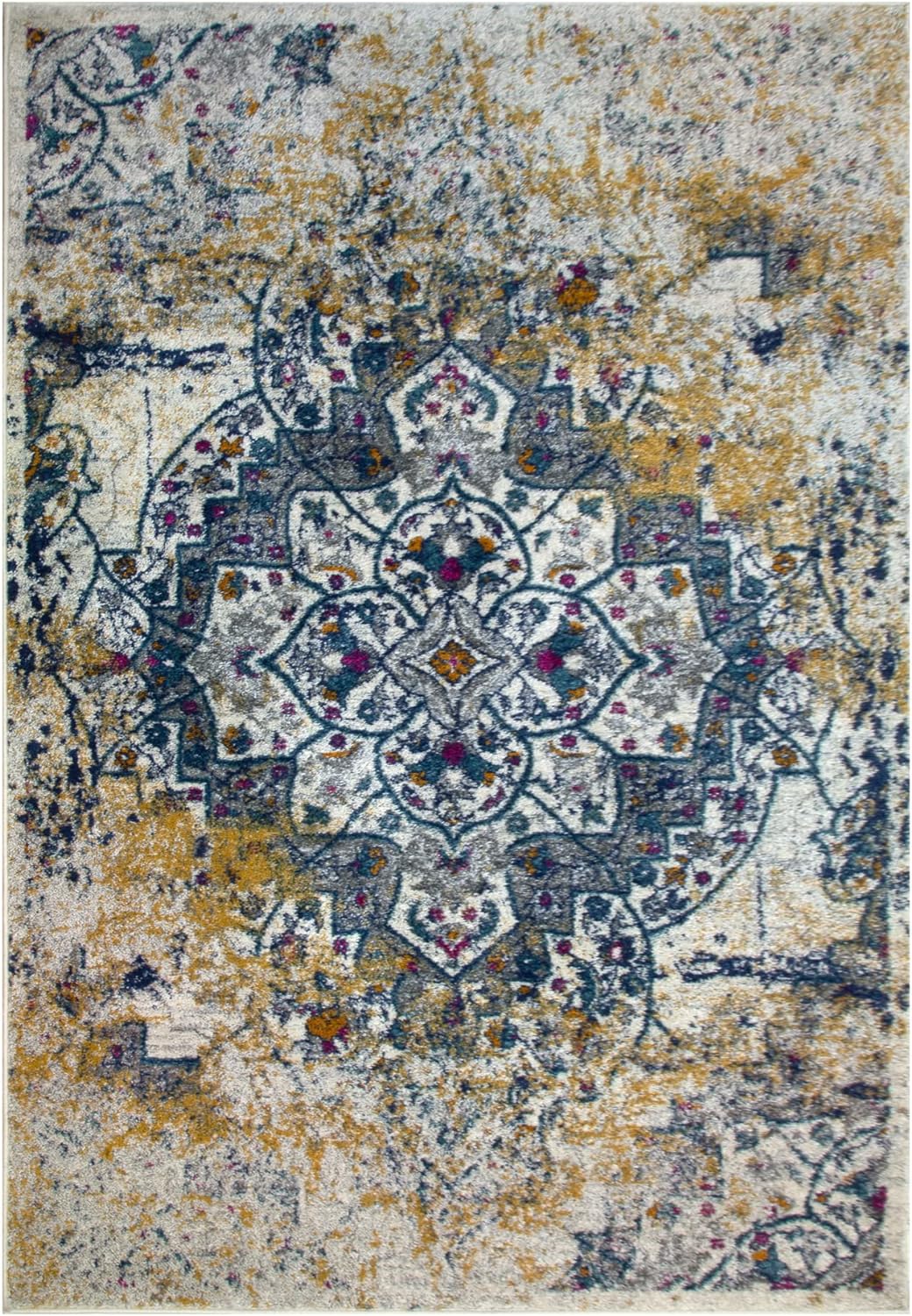 Leick Home 596460 Vienne Vintage Faded Turkish Medallion Ivory and Navy Living Room Bedroom Area Rug Rectangle 5'3 x 7'7