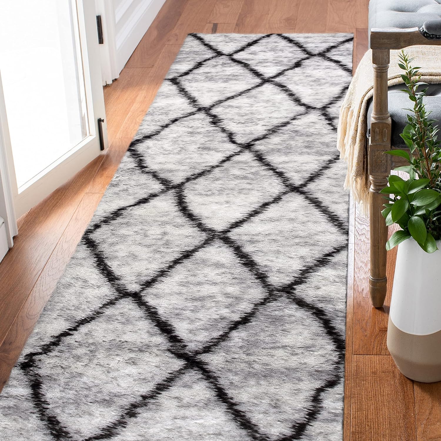 Leick Home 595843 Ardita Runner Soft Shag Trellis Modern Gray/Charcoal Living Room Bedroom Area Rug Runner 2'2 x 10'