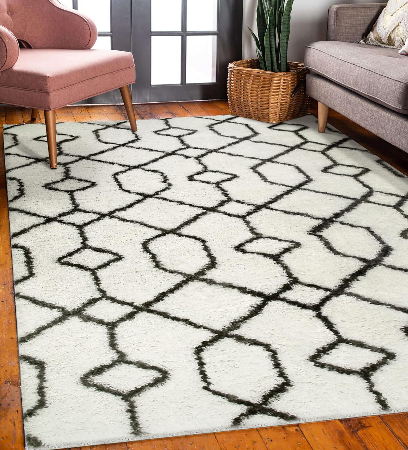 Leick Home 594481 Rixelle Soft Shag Geo Modern Rug Ivory/Charcoal Living Room Bedroom Area Rug Rectangle 6'7 x 9'6