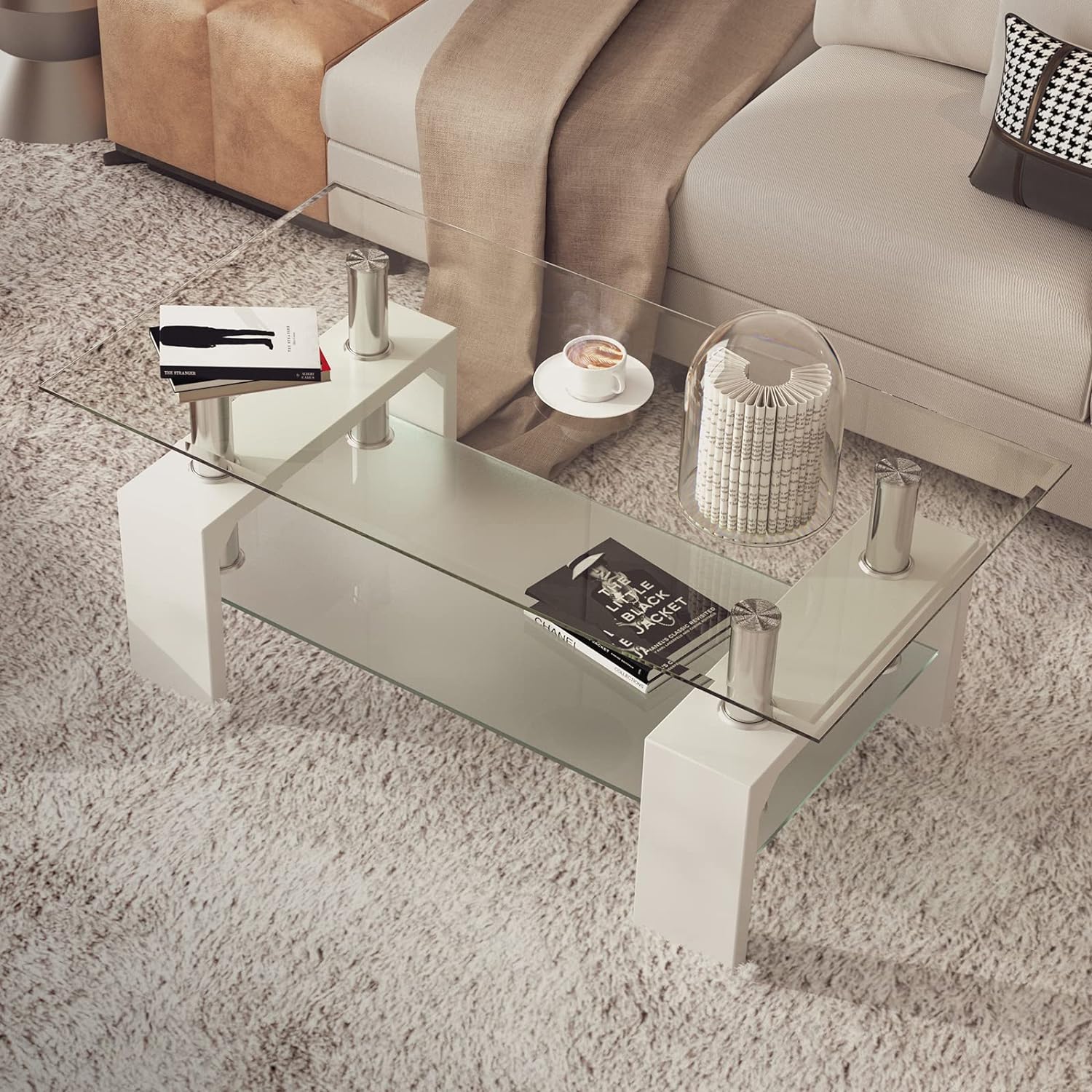 Glass Coffee Table with 2 Tier Tempered Glass Boards & Sturdy Metal Legs, Modern Rectangle End Table Coffee Table for Home Office, White