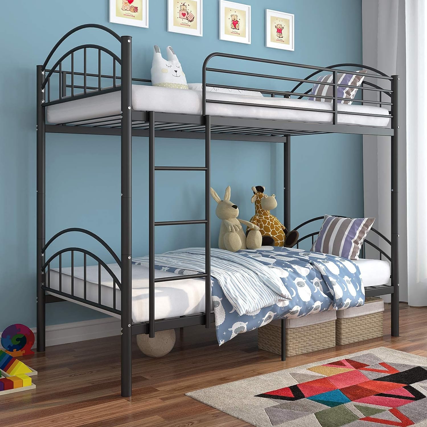 Alohappy Bunk Beds Frame Twin Over Twin, Convertible Into 2 Individual Metal, Removable Ladder & Safety Guard Rail (Black)