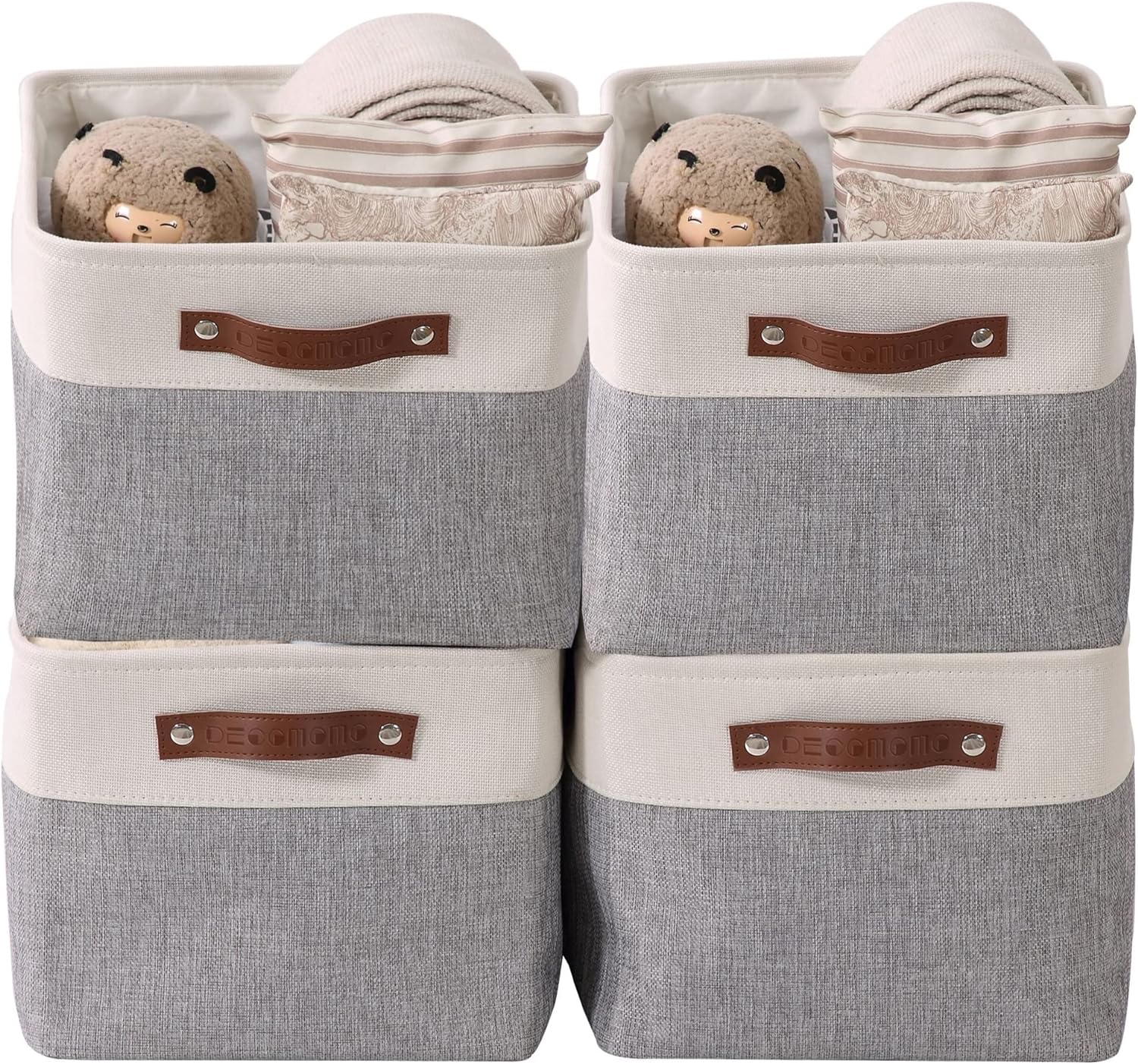 DECOMOMO Storage Bins | Fabric Storage Basket for Shelves for Organizing Closet Shelf Nursery Toy | Decorative Large Linen Closet Organizer Bins with Handles (Grey and White, XL - 4 Pack)