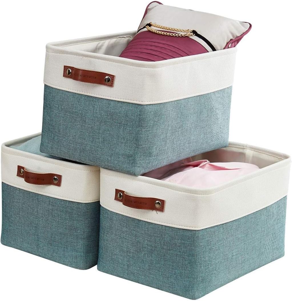 DECOMOMO Storage Bins | Fabric Storage Baskets for Shelves for Organizing Closet Shelf Nursery Toy | Decorative Large Linen Closet Organizer Bins with Handles (Teal and White, Large - 3 Pack)