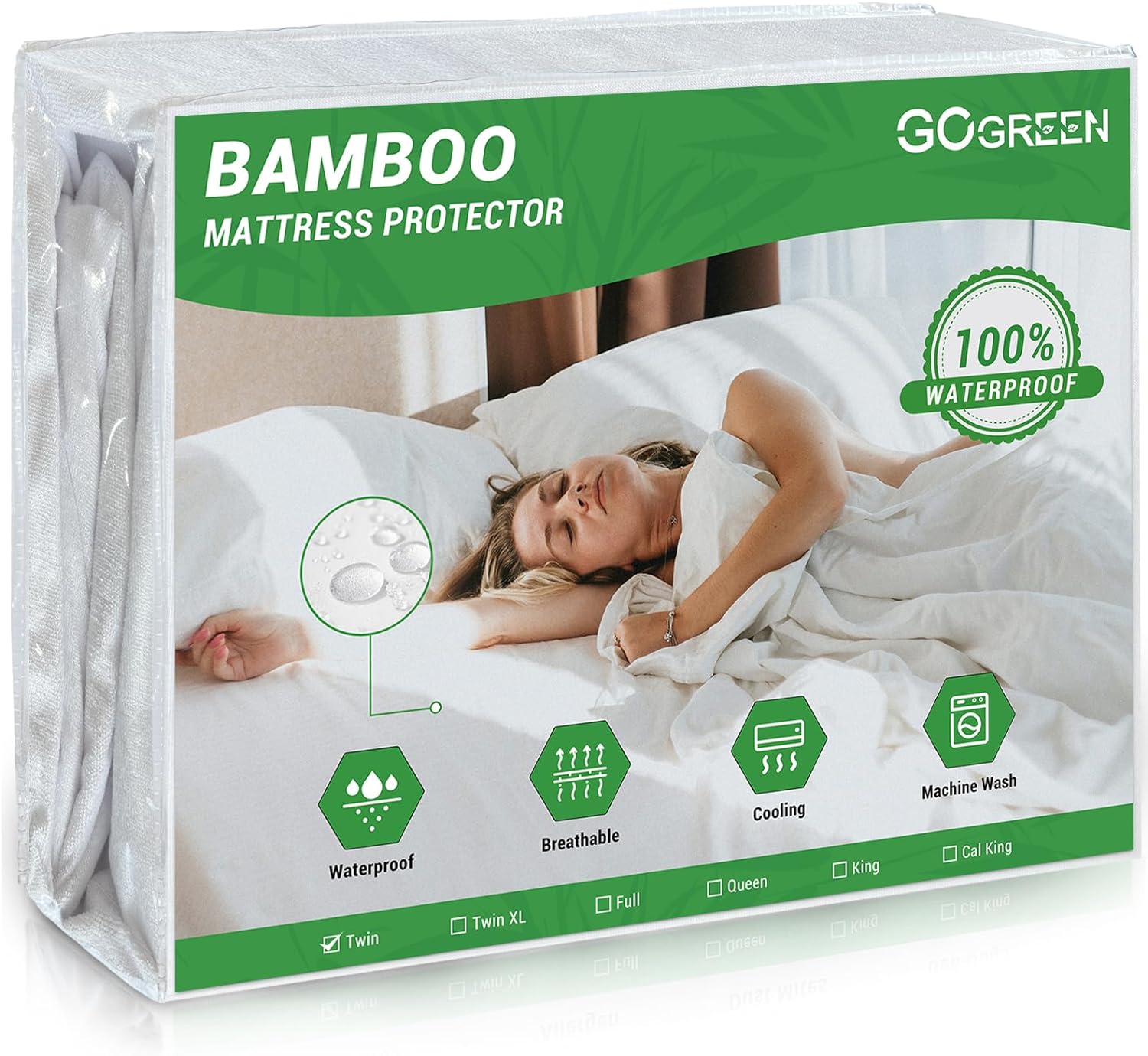 Gogreen Waterproof Mattress Protector, Breathable All-Season Bed Mattress Cover Washable Mattress Encasement with Deep Pocket Bamboo Mattress Protector Fitted 6-15 [Bamboo Terry, Twin 39x75]
