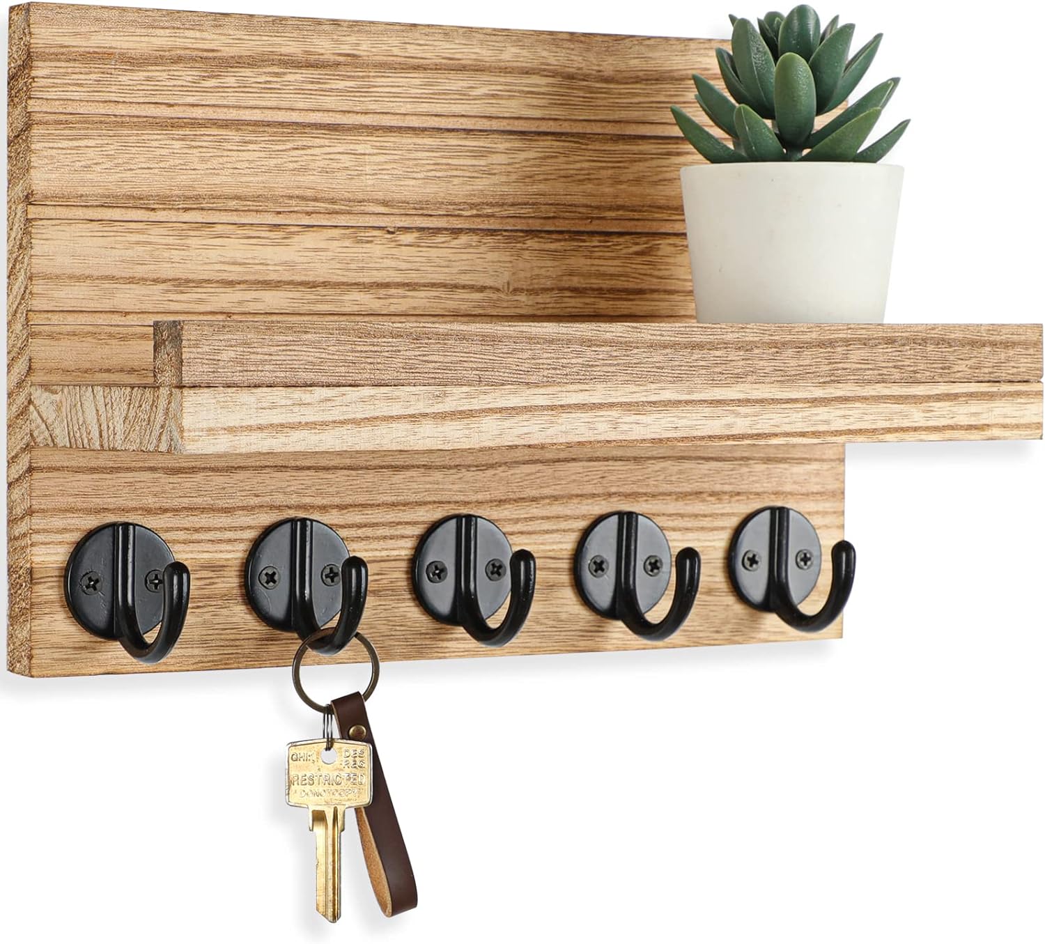 Lwenki Key Holder for Wall, Decorative Key and Mail Holder with Shelf Has Large Key Hooks for Bags, Coats  Paulownia Wood Key Hanger with Mounting Hardware (9.8W x 6.7H x 4.2D) (Burnt Wood)