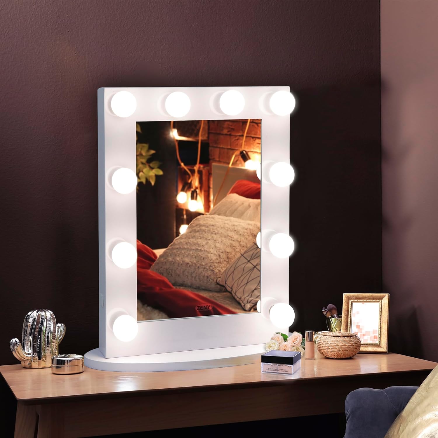 ZENY Makeup Mirror Vanity Mirror with Lights, Hollywood Mirror with 10 Replaceable Bulbs, Bedroom Mirrors for Vanity, 4-Color Lights, Metal Frame, 25.6''x19.7'' White Lighted Mirror