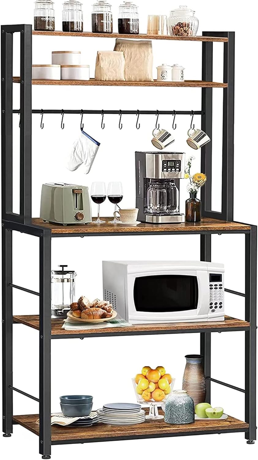 BEEWOOT Bakers Rack, Coffee Bar, Microwave Oven Stand, Kitchen Tall Utility Storage Shelf, Spice Rack, 10 S-Hooks, Stable Metal Frame, 15.7 x 33.1 x 63.6 Inches, Industrial, Rustic Brown BR01BB017