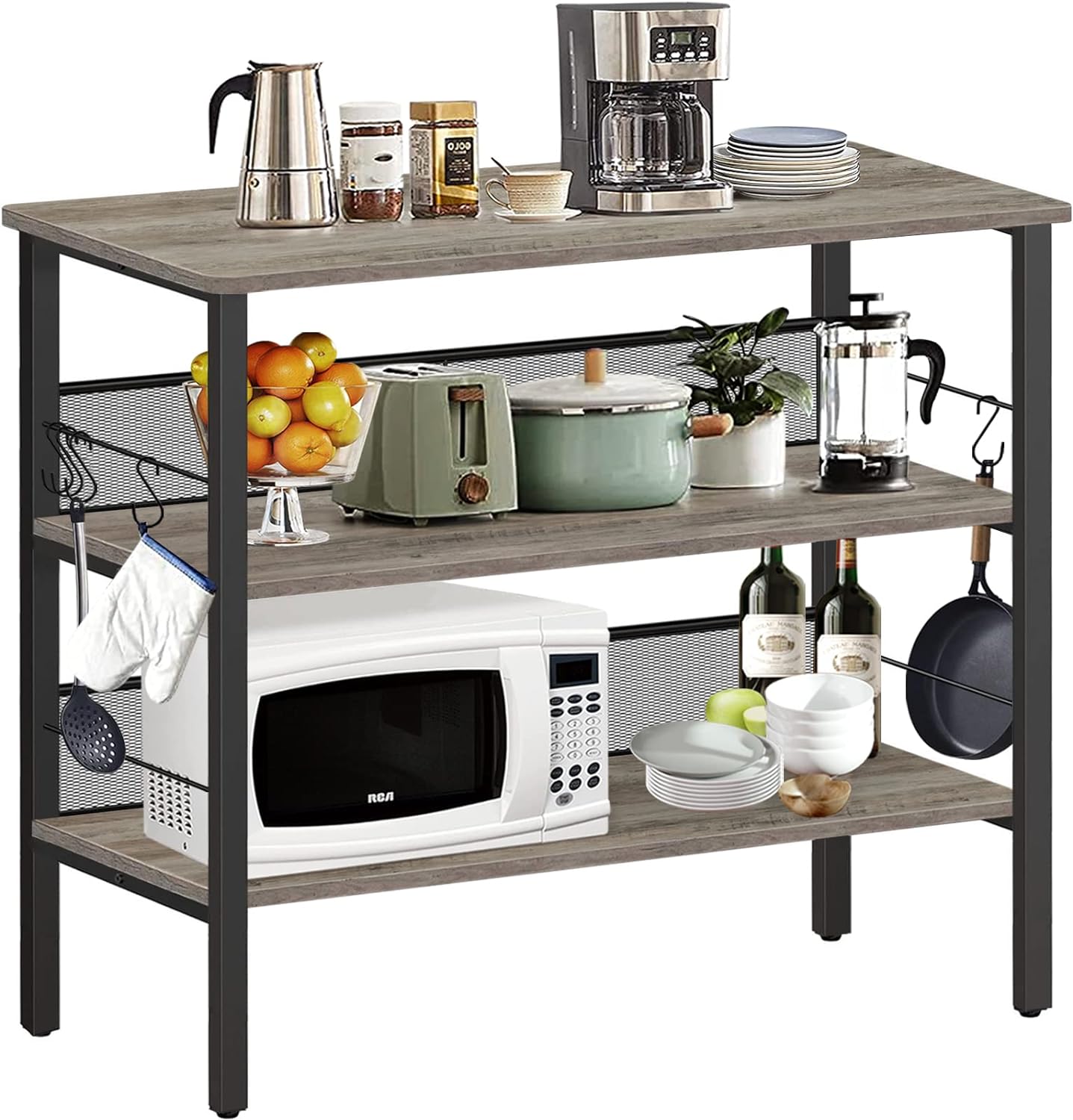 BEEWOOT Kitchen Island, Coffee Bar, Kitchen Shelf with Large Workstation, Kitchen Bakers Rack with 9 Hooks, 39.4 L  17.7 W  35.4H, Stable Steel Structure and Easy Assembly, Greige KI01BG010