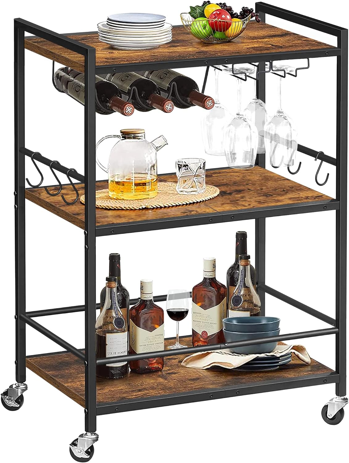 TUTOTAK Bar Cart, Serving Cart for Home, Microwave Cart, Drink Cart, Mobile Kitchen Shelf with Wine Rack and Glass Holder, Rolling Beverage Cart BC01BB030