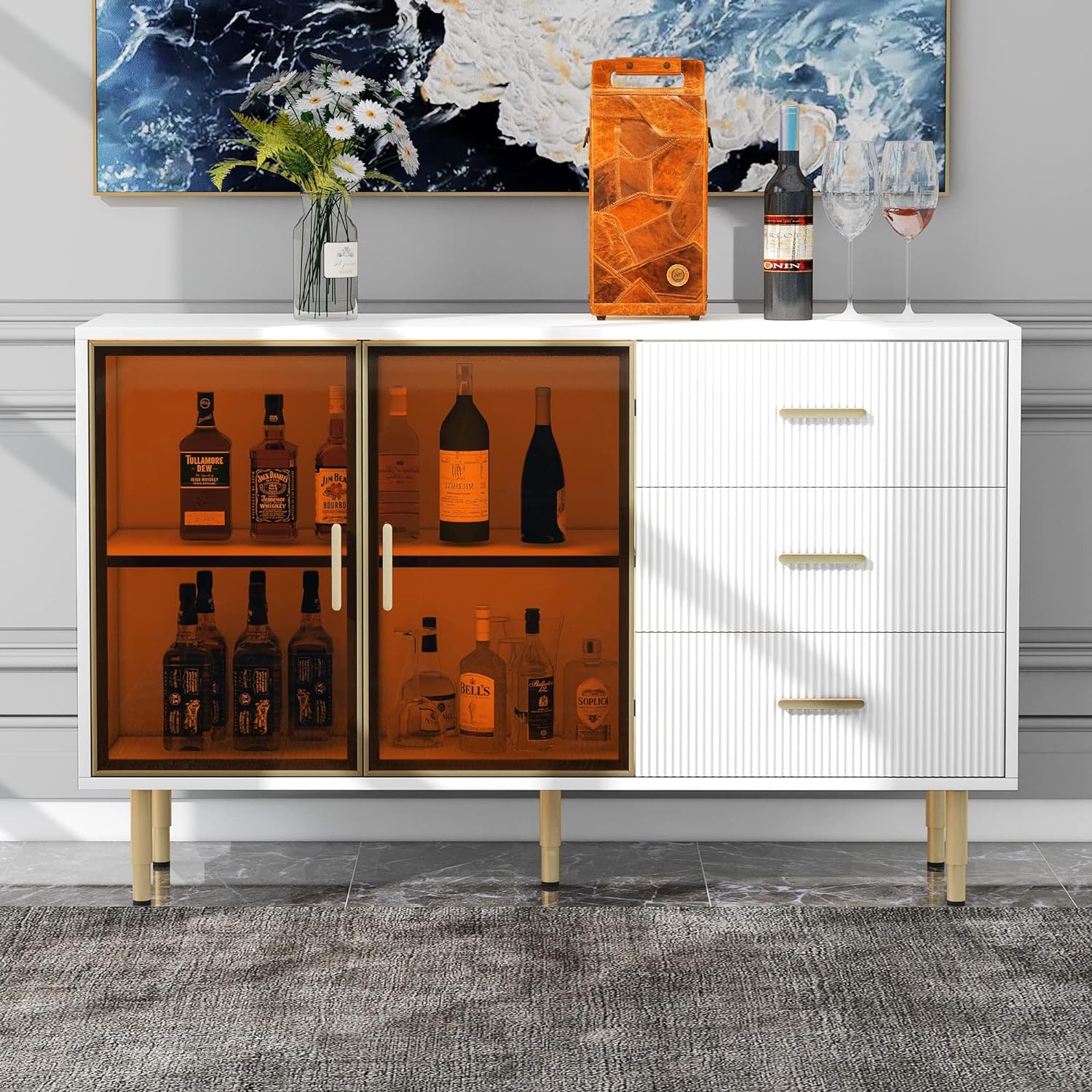 WILLIAMSPACE 60 Sideboard Buffet Cabinet, Mid-Century Modern Cabinet with Marble Sticker Tabletop and Amber-Yellow Tempered Glass Doors, Storage Cabinet with Gold Metal Legs & Handles - White