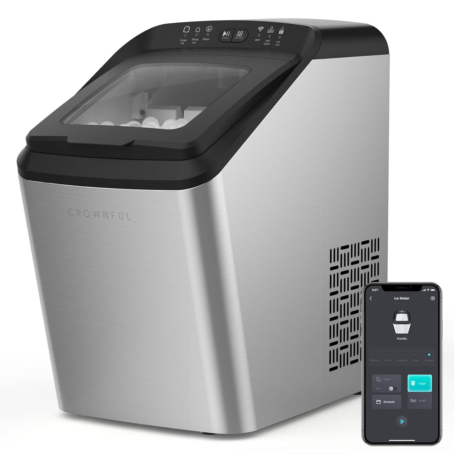 CROWNFUL Smart Ice Maker Countertop, with App Remote Control Ice Machine, 9 Bullet Ice Ready in 7-10 Mins, 33lbs Ice in 24H, 2 Size (S/L) Ice, Automatic Cleaning, Works with Alexa & Google Assistant