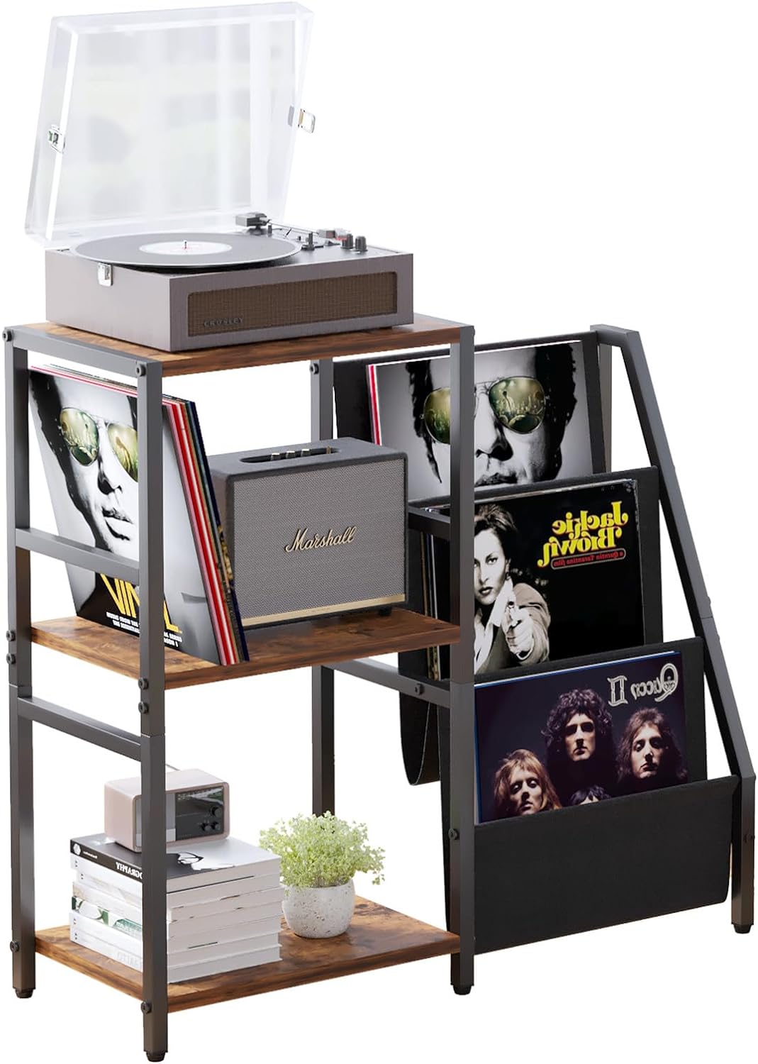 3-Tier Vinyl Record Storage Stand - Metal and Wood Construction with Large Capacity