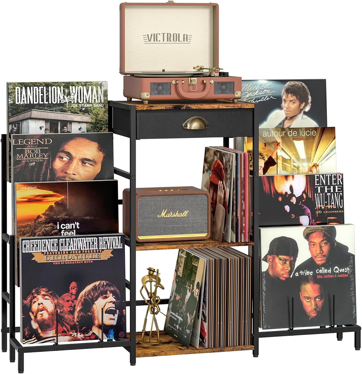 Record Player Stand with Vinyl Storage, Record Player Table with 8-Tier Vinyl Display Holder, Vinyl Record Stand Storage Up to 200 Albums, Turntable Stand with Metal Frame, End Table for Living Room